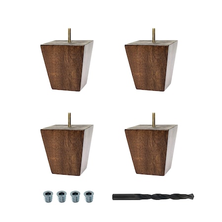 4 In X 4 In Stained Cherry Hardwood Square Bun Foot, 4 Pack W/ 4 Free Insert Nuts And Drill Bit